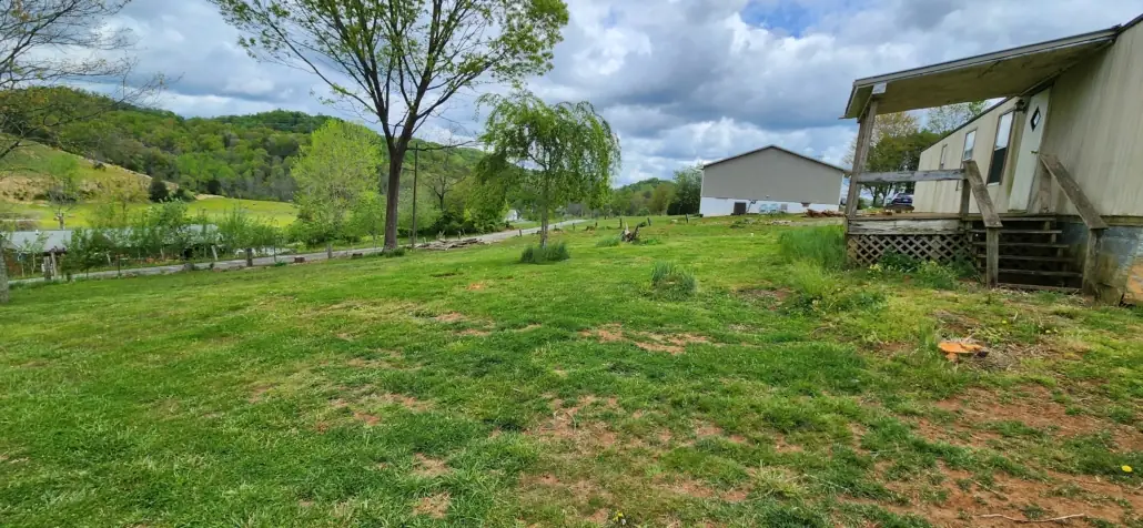 Freshly mowed yard beside a mobile home, with stumps ready for removal