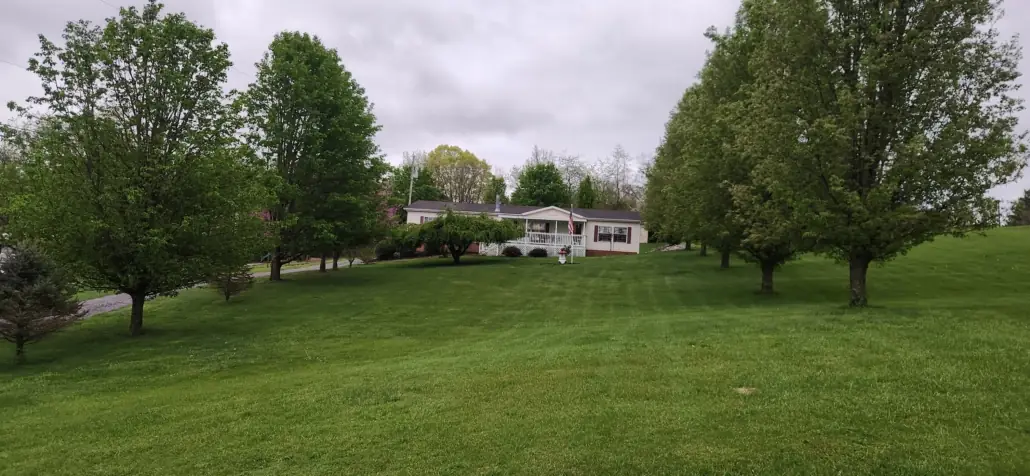 Freshly mowed lawn leading up to a white home