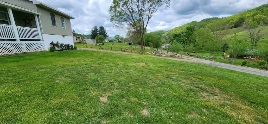 Freshly mowed side yard with a valley view