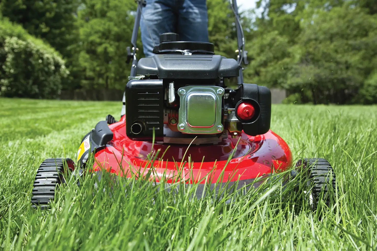 Red push mower cutting tall green grass