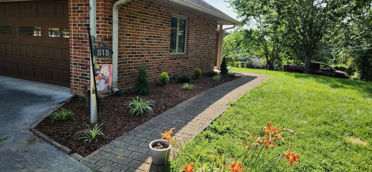 After: neat mulch beds and a clean paver walkway at a brick home